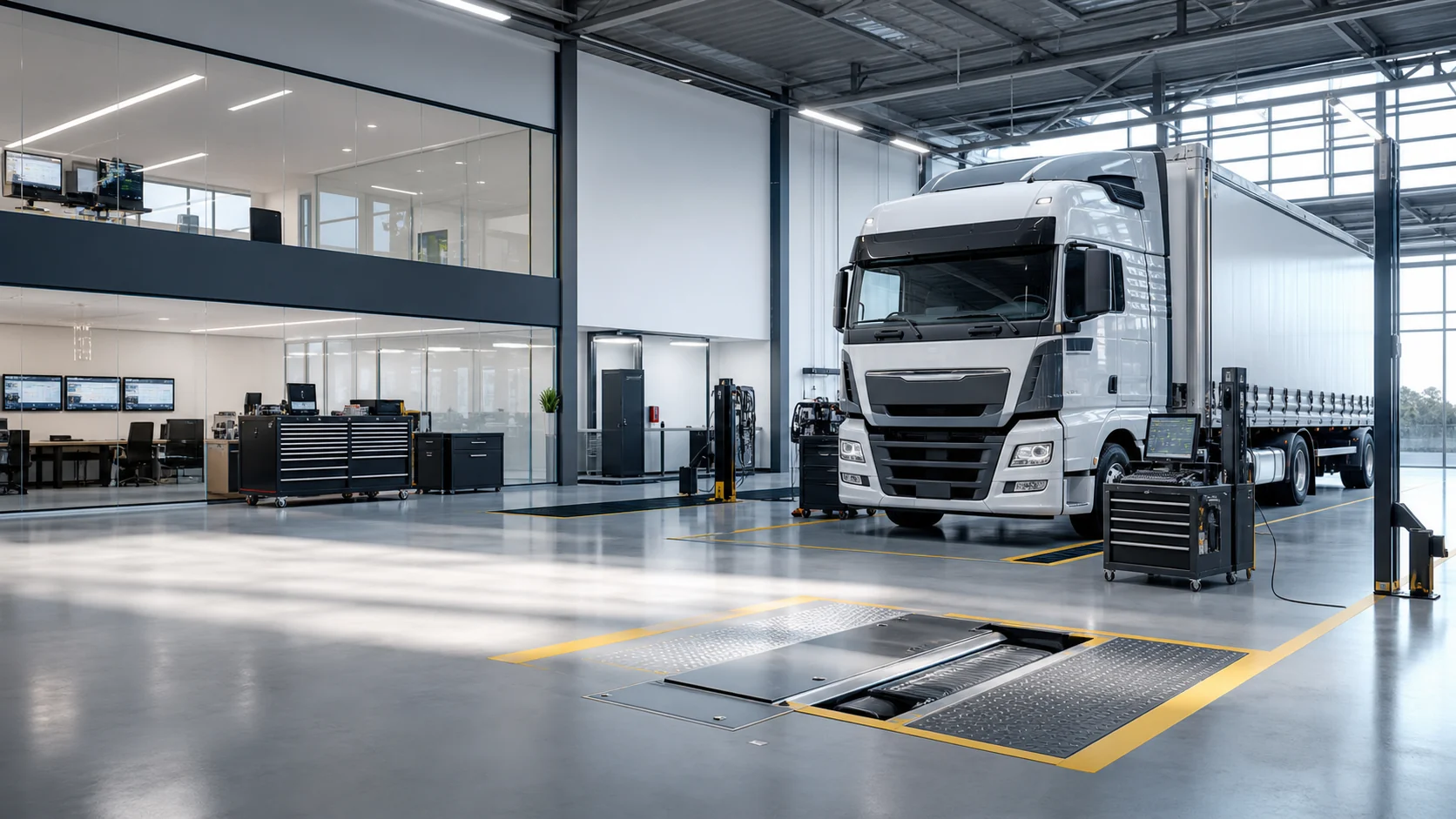 HGV tractor unit on the inspection bay with roller brake tester at a commercial truck workshop